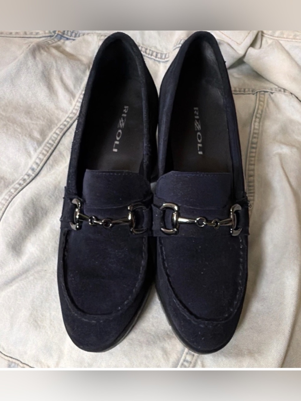 RIZZOLI Navy Suede Horsebit Block Heel Pumps Women's Almond size size 40 USA